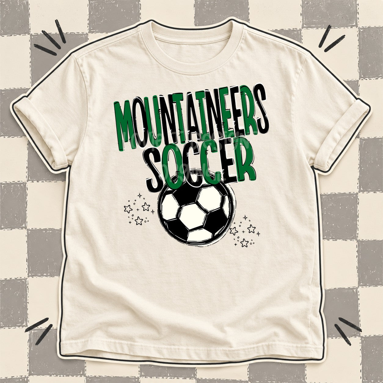 Team Go Soccer Mascots Mountaineers Kelly Green Black design