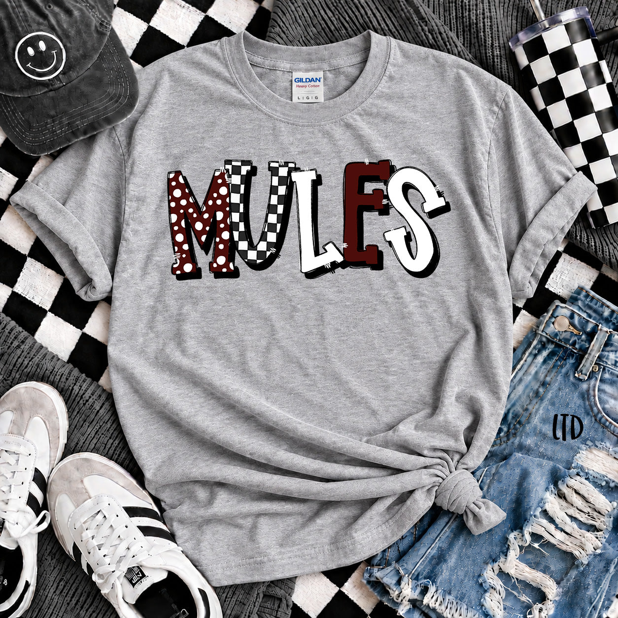 Dot Dot Check Mix Mascots Mules Maroon White design