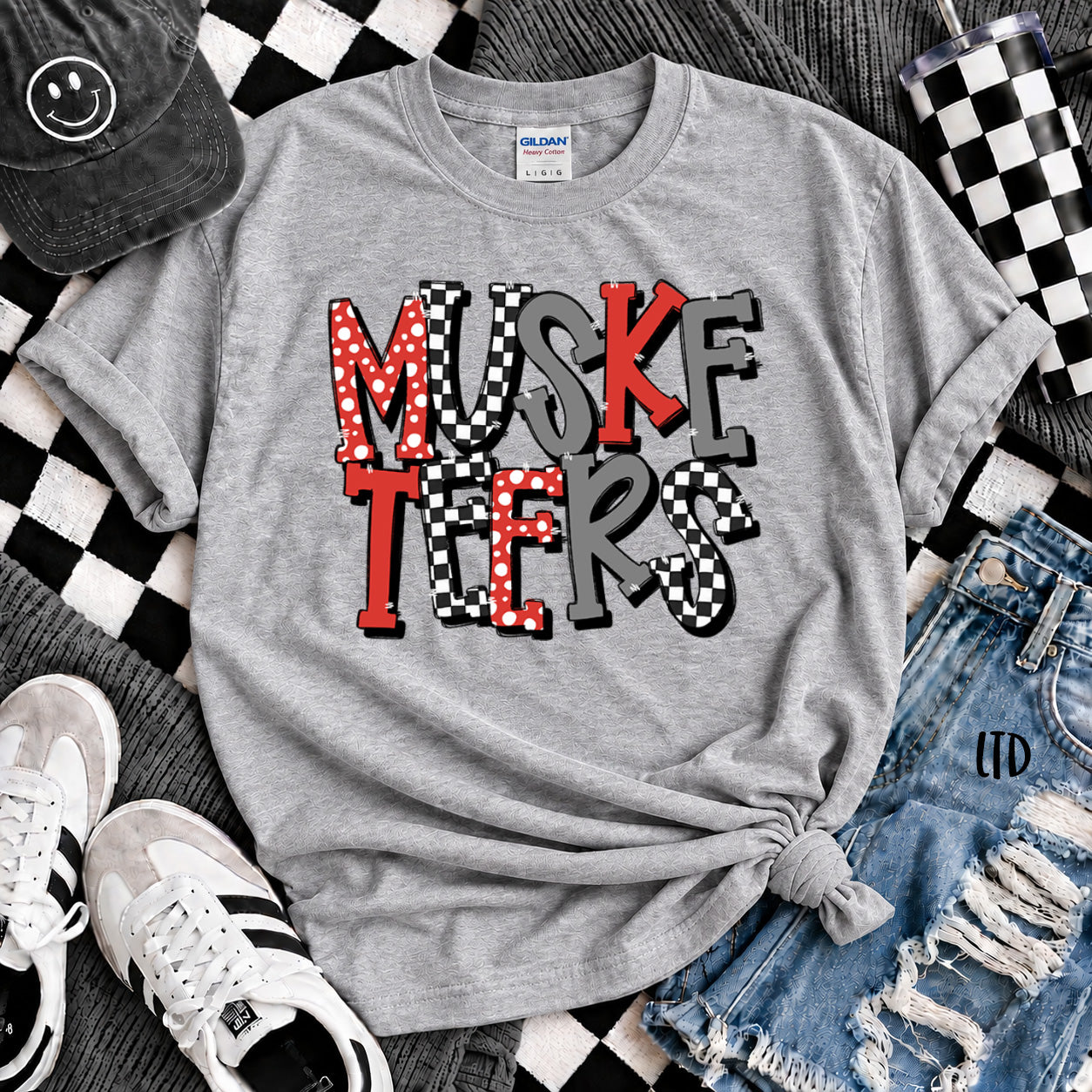 Dot Dot Check Mix Mascots Musketeers Red Black Gray design