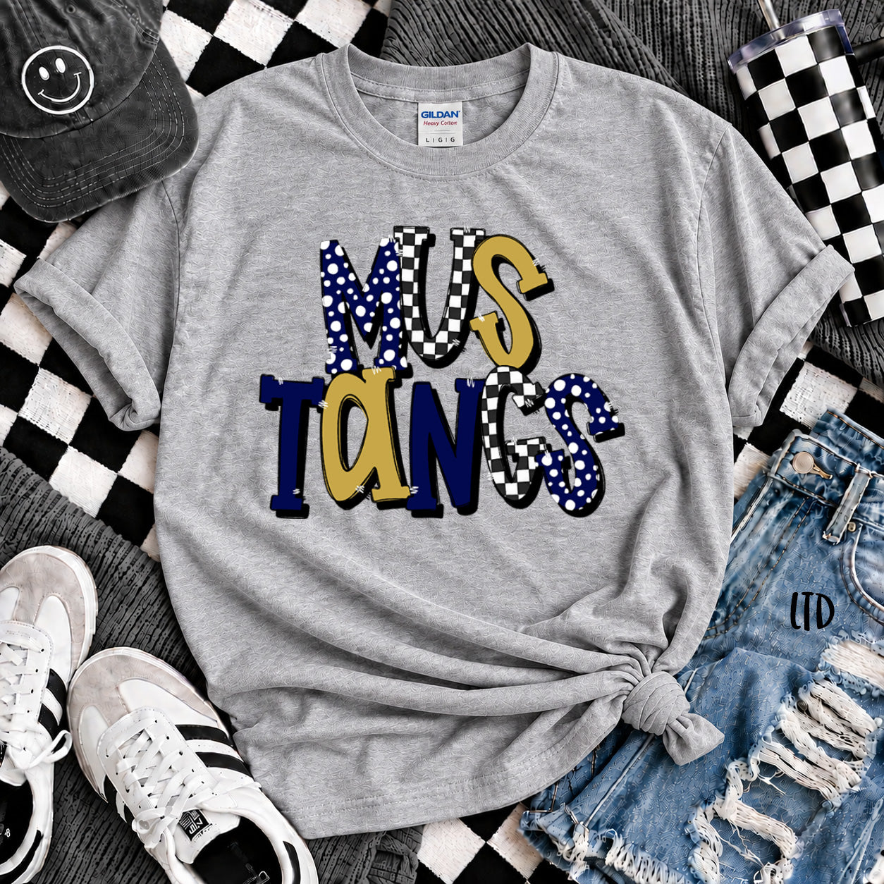 Dot Dot Check Mix Mascots Mustangs Navy Vegas Gold design