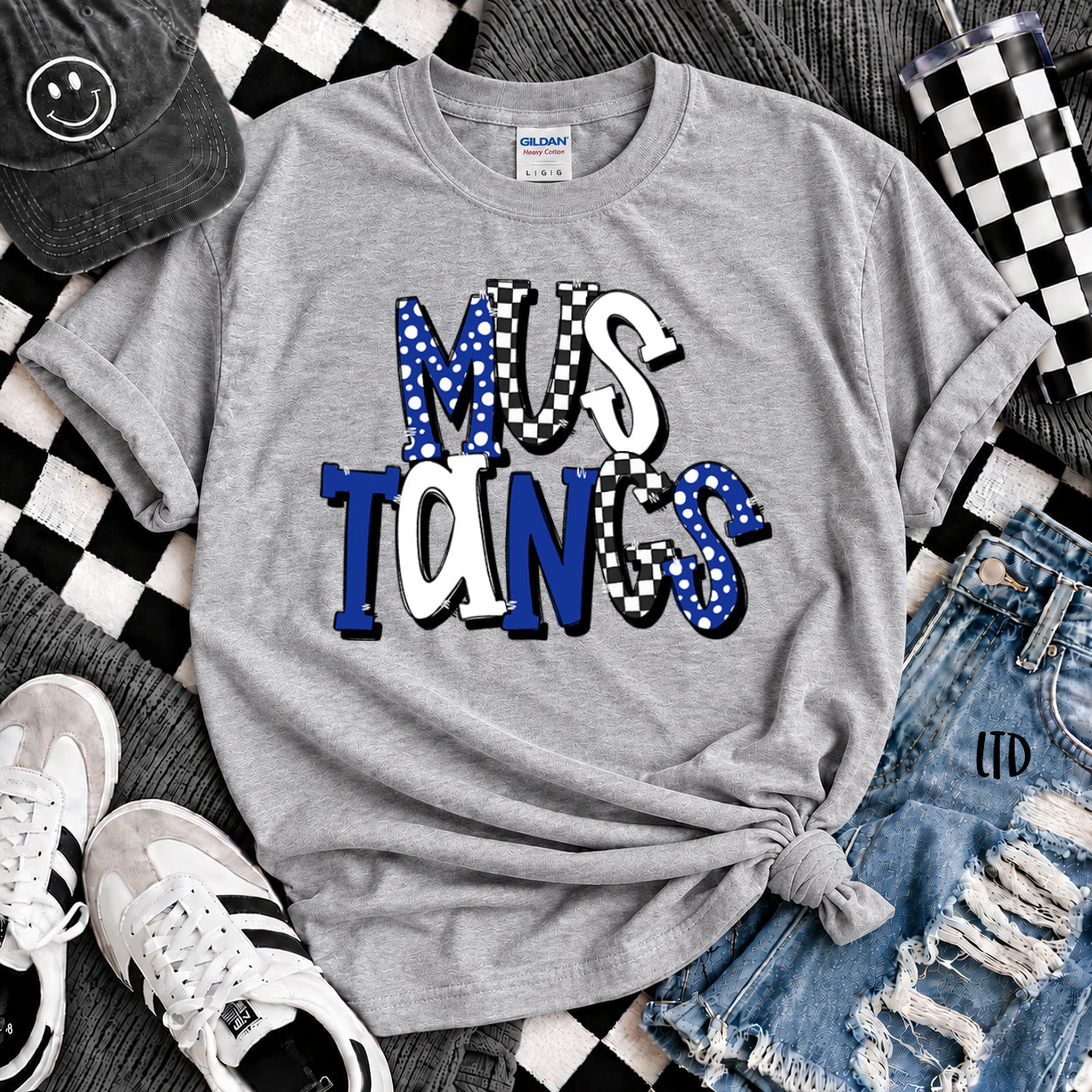 Dot Dot Check Mix Mascots Mustangs Royal Blue White design