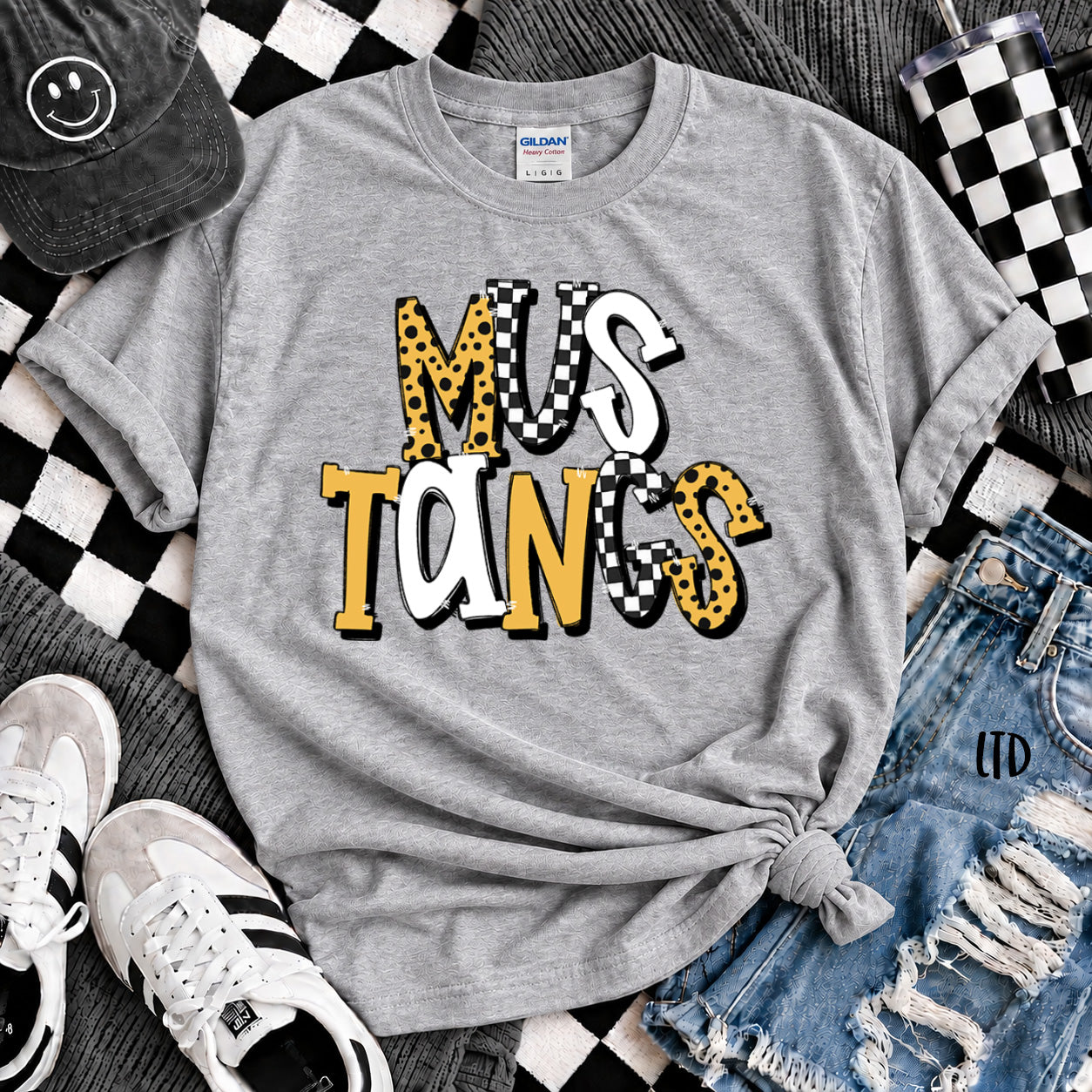 Dot Dot Check Mix Mascots Mustangs Yellow Gold Black design