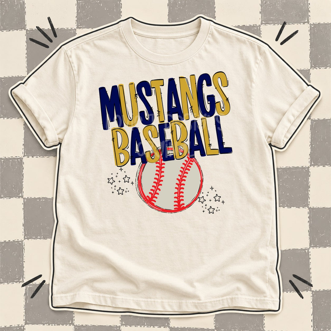Mustangs Navy Vegas Gold Team Go Baseball Mascots DTF transfer mockup