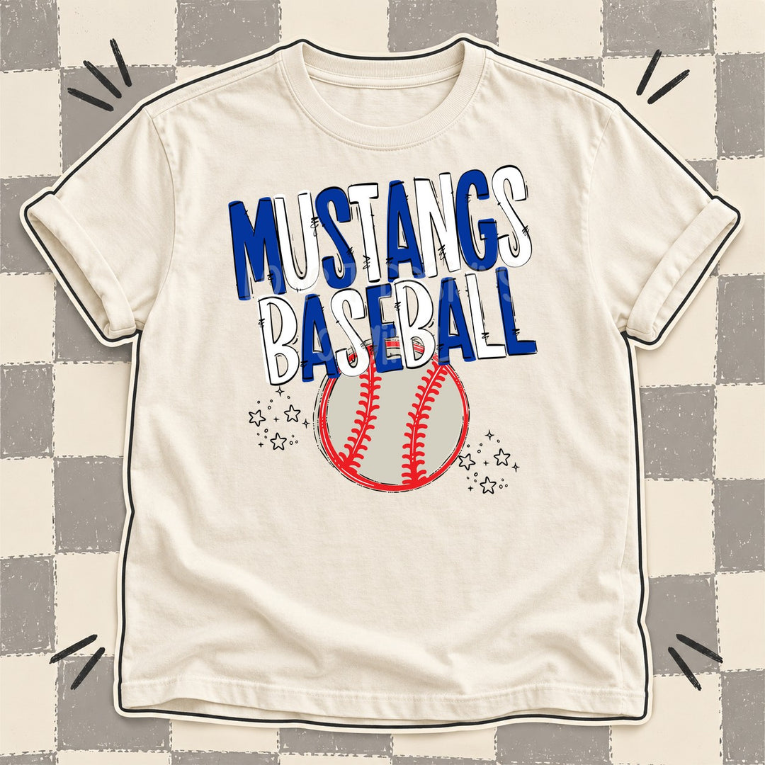 Mustangs Royal Blue White Team Go Baseball Mascots DTF transfer mockup