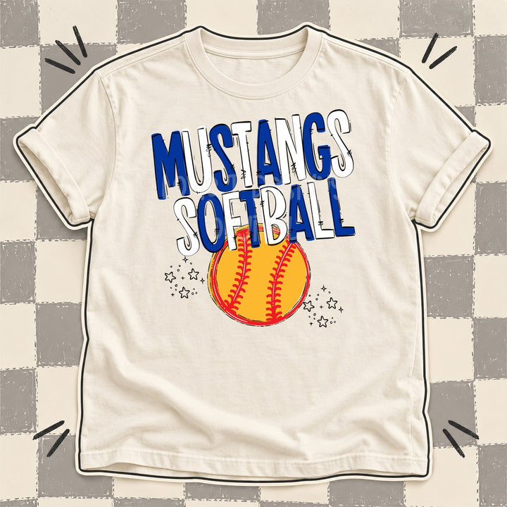 Mustangs Royal Blue White Team Go Softball Mascots DTF transfer mockup