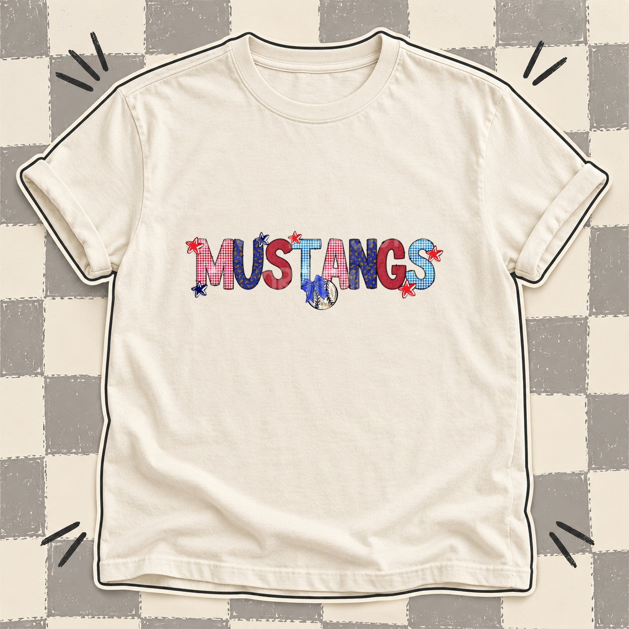 Mixed Doodle Baseball Mascots – Red and Royal Mustangs design