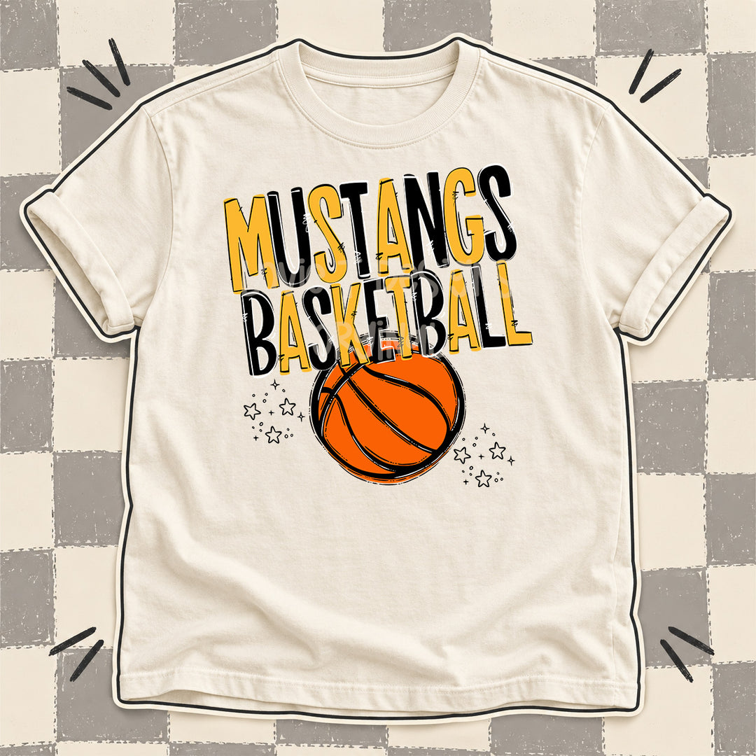 Mustangs Yellow Gold Black Team Go Basketball Mascots DTF transfer