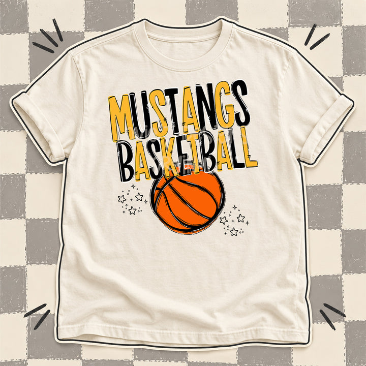 Mustangs Yellow Gold Black Team Go Basketball Mascots DTF transfer