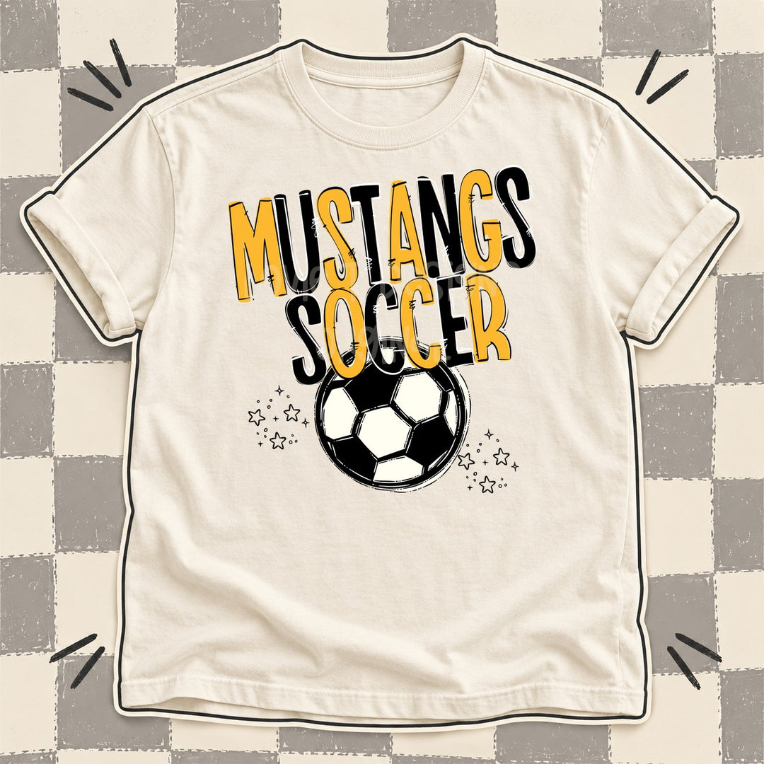 Mustangs Yellow Gold Black Team Go Soccer Mascots DTF transfer mockup