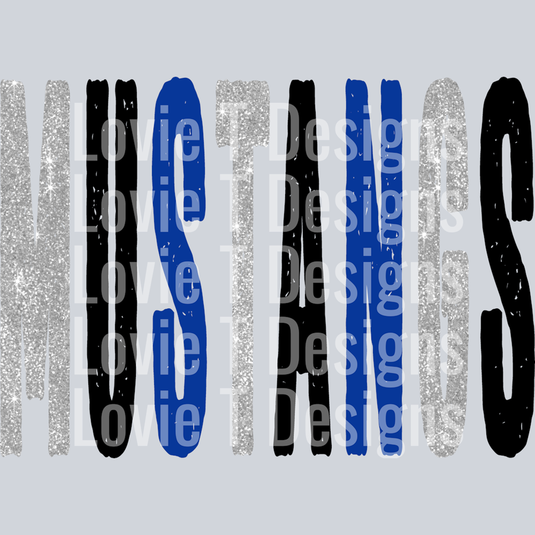Mustangs Grunge Oversized Mascot Glitter Gray Black and Royal – DTF Transfer
