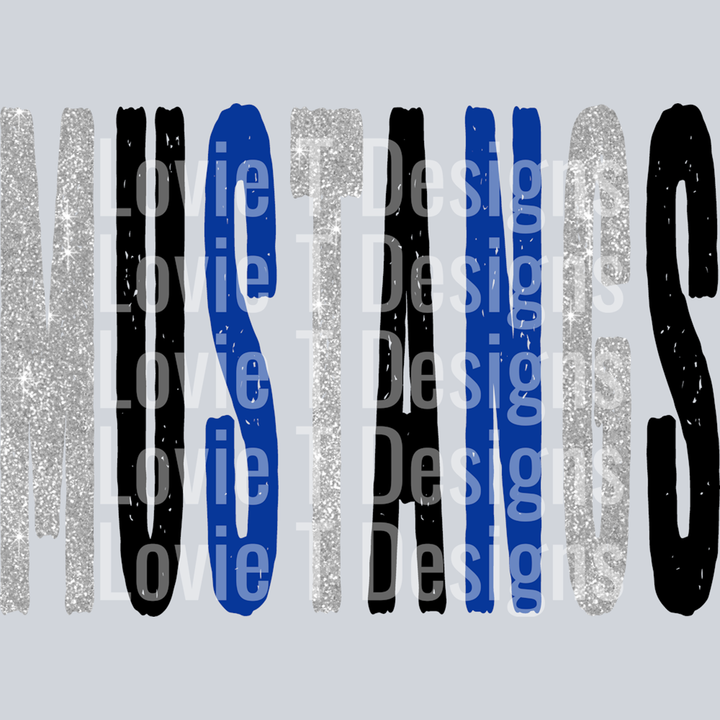 Mustangs Grunge Oversized Mascot Glitter Gray Black and Royal – DTF Transfer