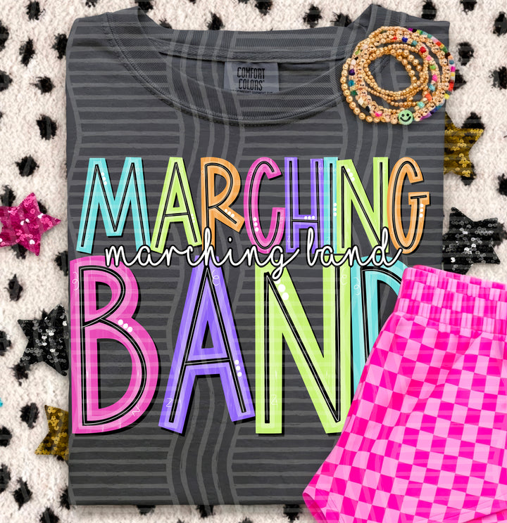 Marching Band Game Day Doodles DTF transfer pressed on a tee