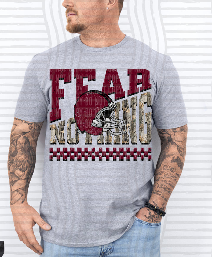 Maroon Fear Nothing Helmet DTF transfer pressed on a tee