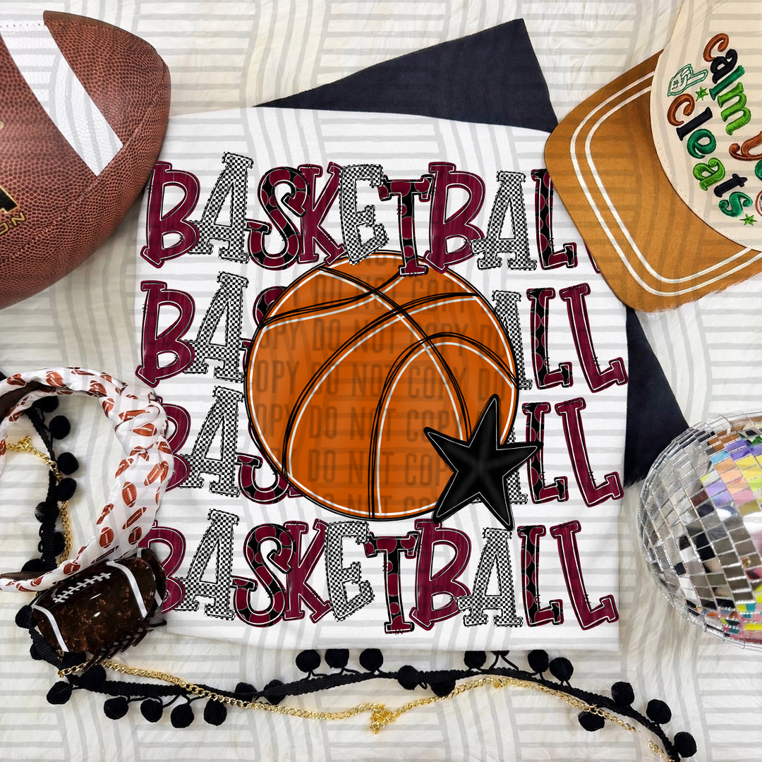 Maroon Quad Stacked Basketball DTF transfer on a white tee