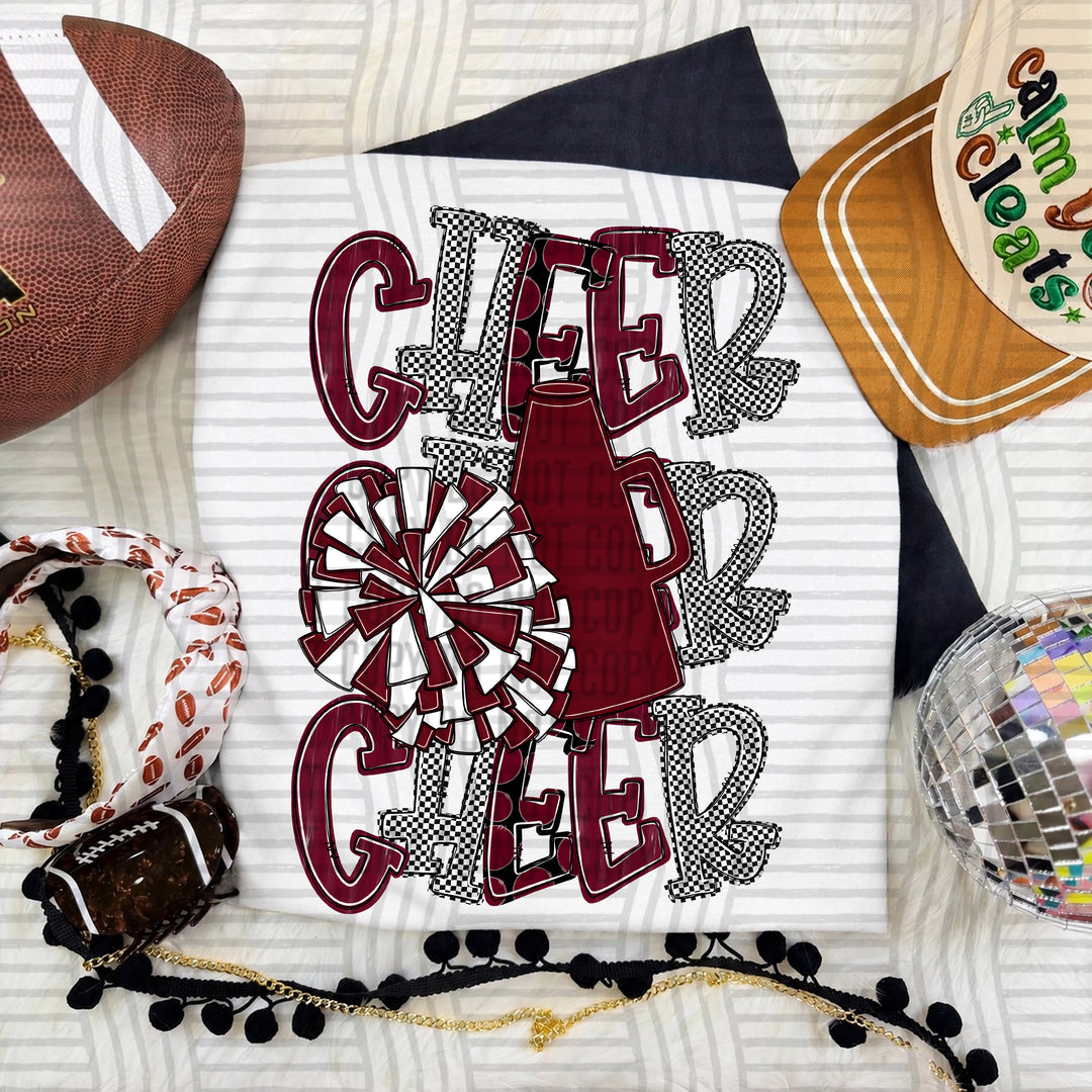 Maroon Tri Stacked Cheer DTF transfer on a white tee
