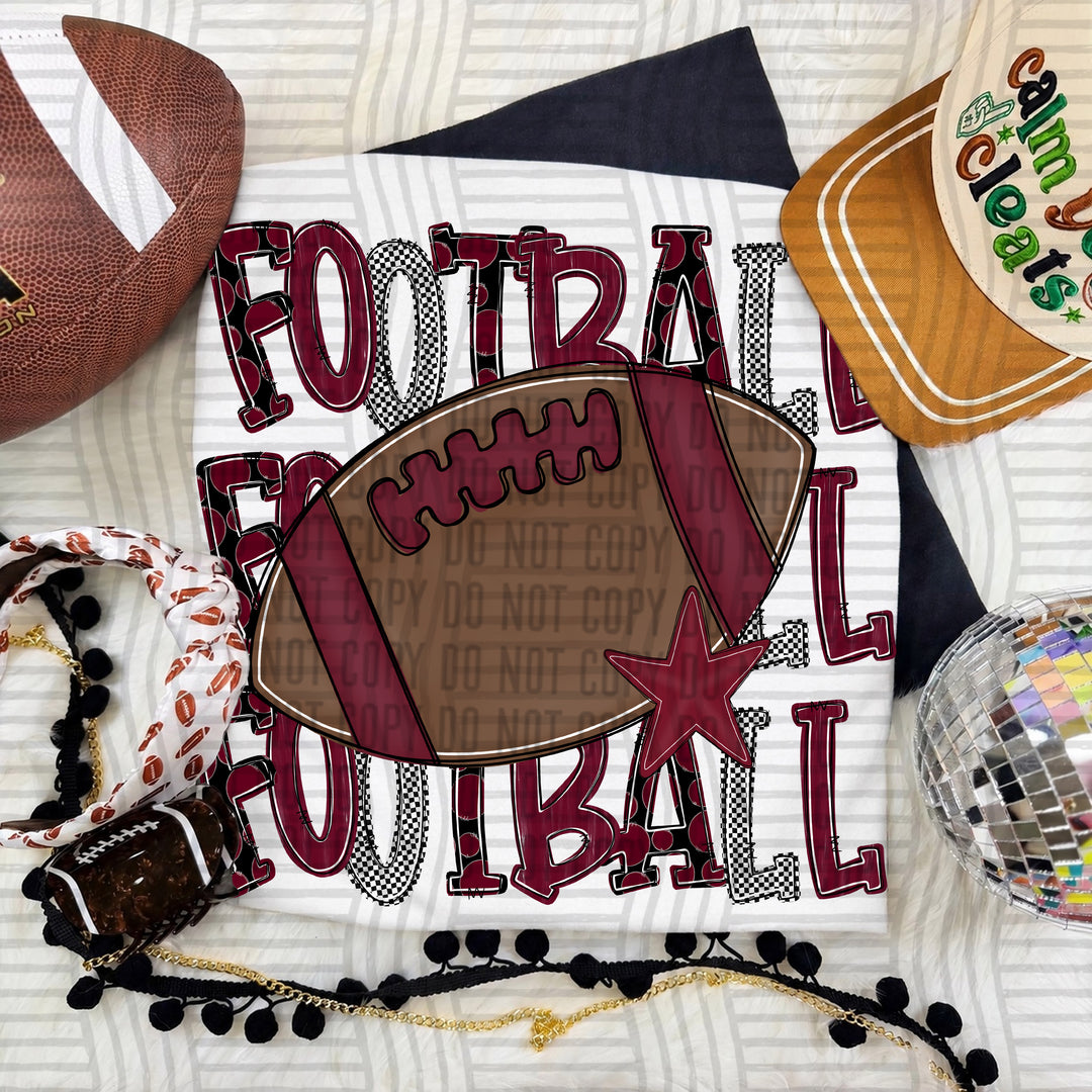 Maroon Tri Stacked Football DTF transfer on a white tee