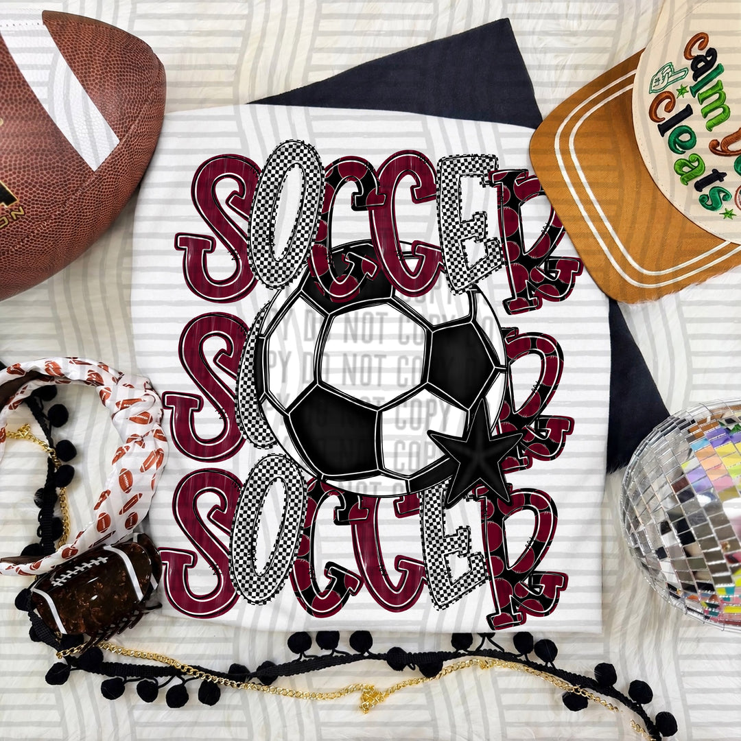 Maroon Tri Stacked Soccer DTF transfer on a white tee