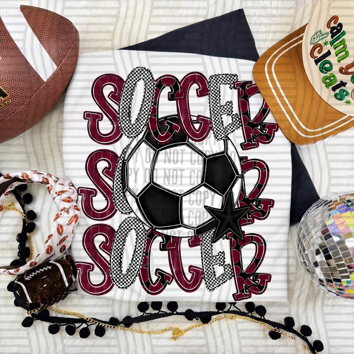 Maroon Tri Stacked Soccer DTF transfer on a white tee