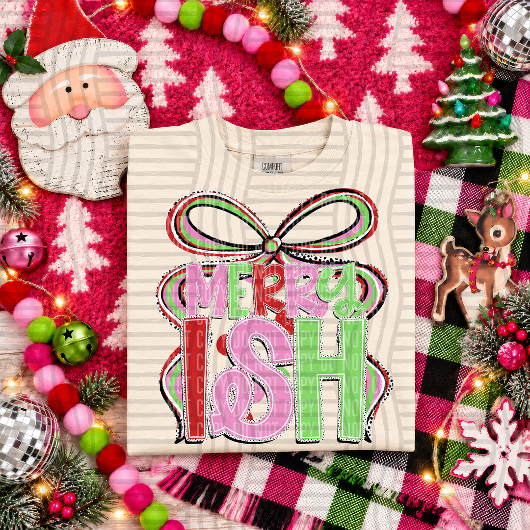 Merry-ish Christmas Bow DTF transfer pressed on a tee
