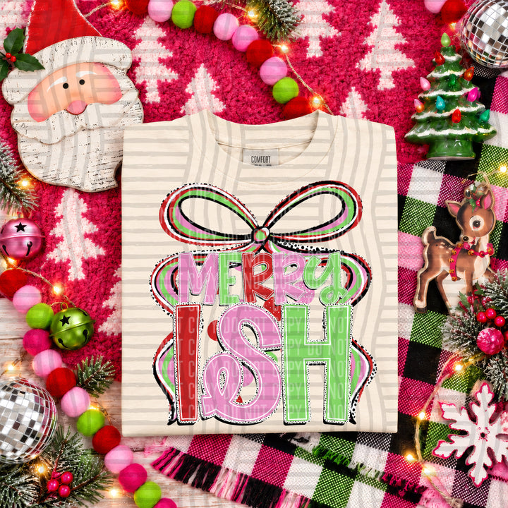Merry-ish Christmas Bow DTF transfer pressed on a tee
