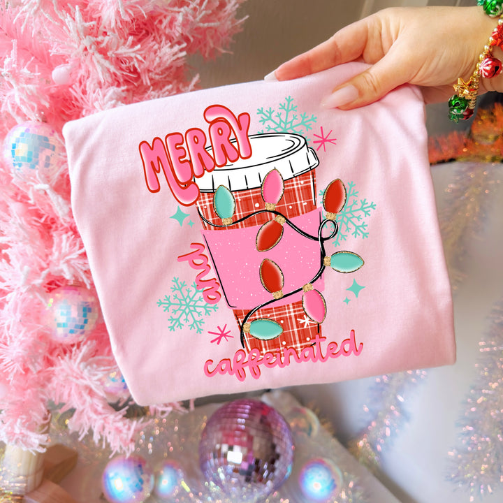 Merry and Caffeinated DTF transfer – mockup