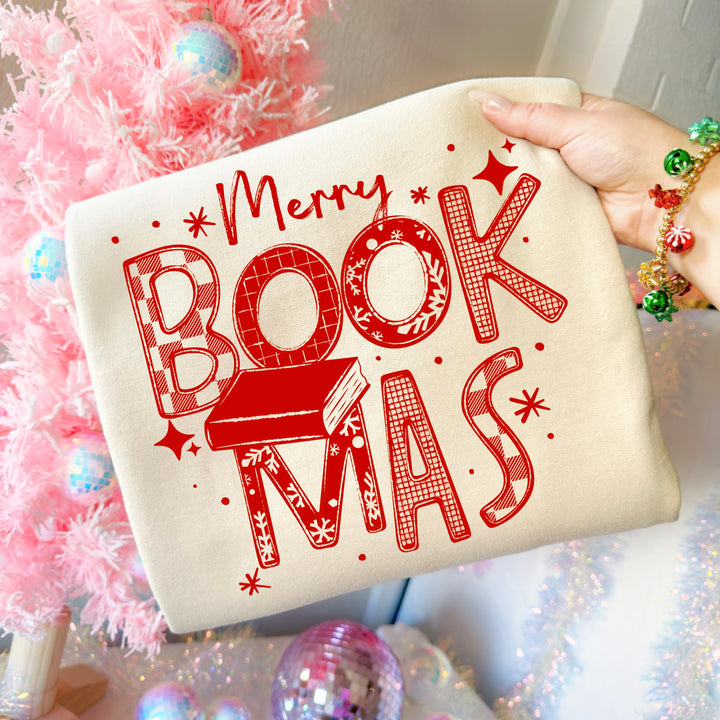 Merry Bookmas Patterned Letters (Red) DTF transfer – mockup