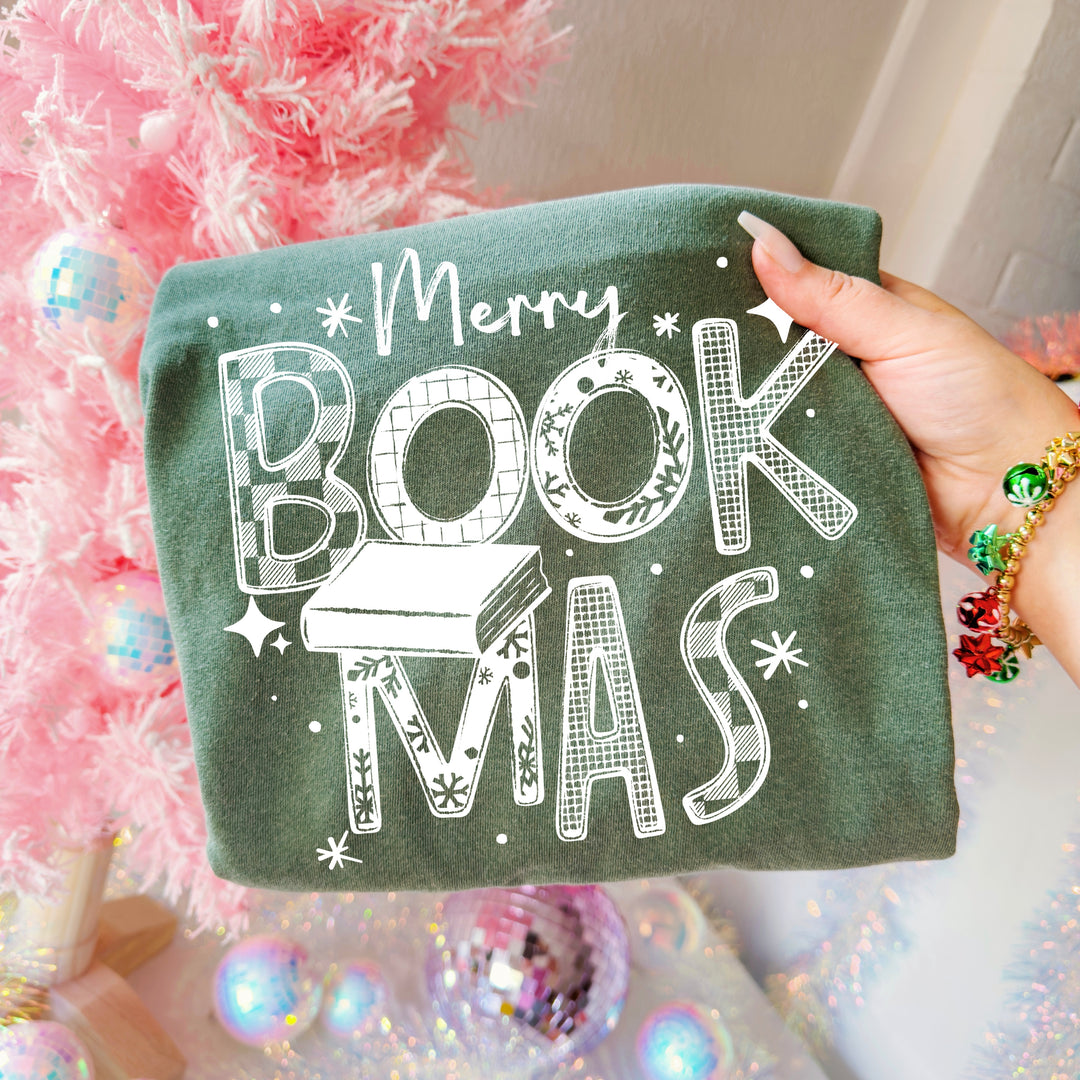 Merry Bookmas Patterned Letters (White) DTF transfer – mockup