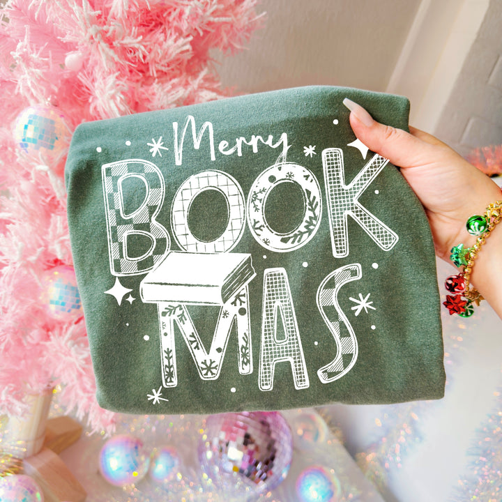 Merry Bookmas Patterned Letters (White) DTF transfer – mockup