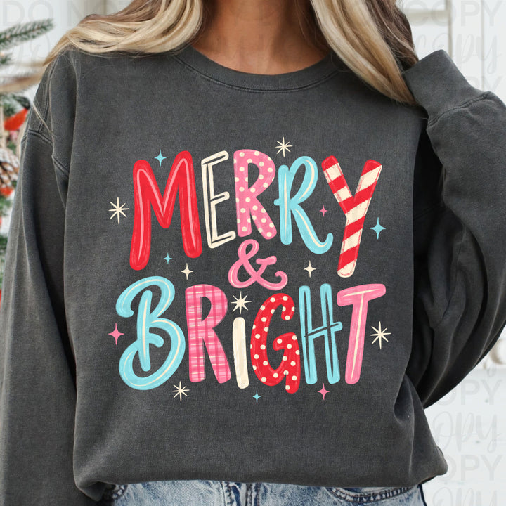 Merry & Bright Candy Cane Christmas design on a finished tee or sweatshirt – Lovie T Designs