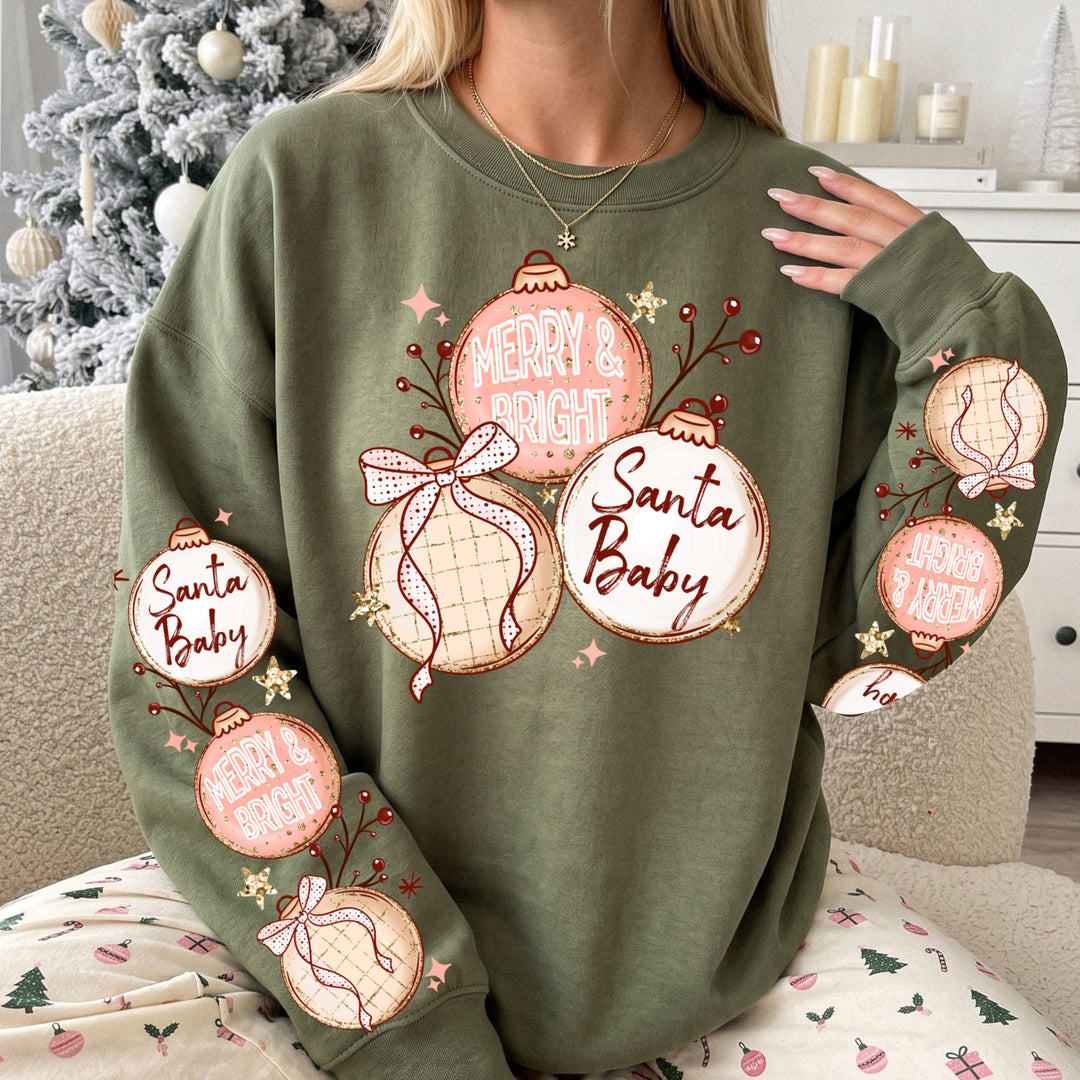 Merry & Bright Santa Baby Ornaments front and sleeve DTF transfers – mockup