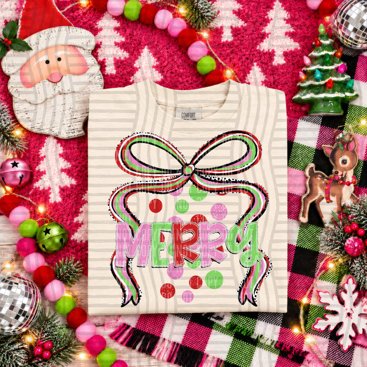Merry Christmas Bow DTF transfer pressed on a tee
