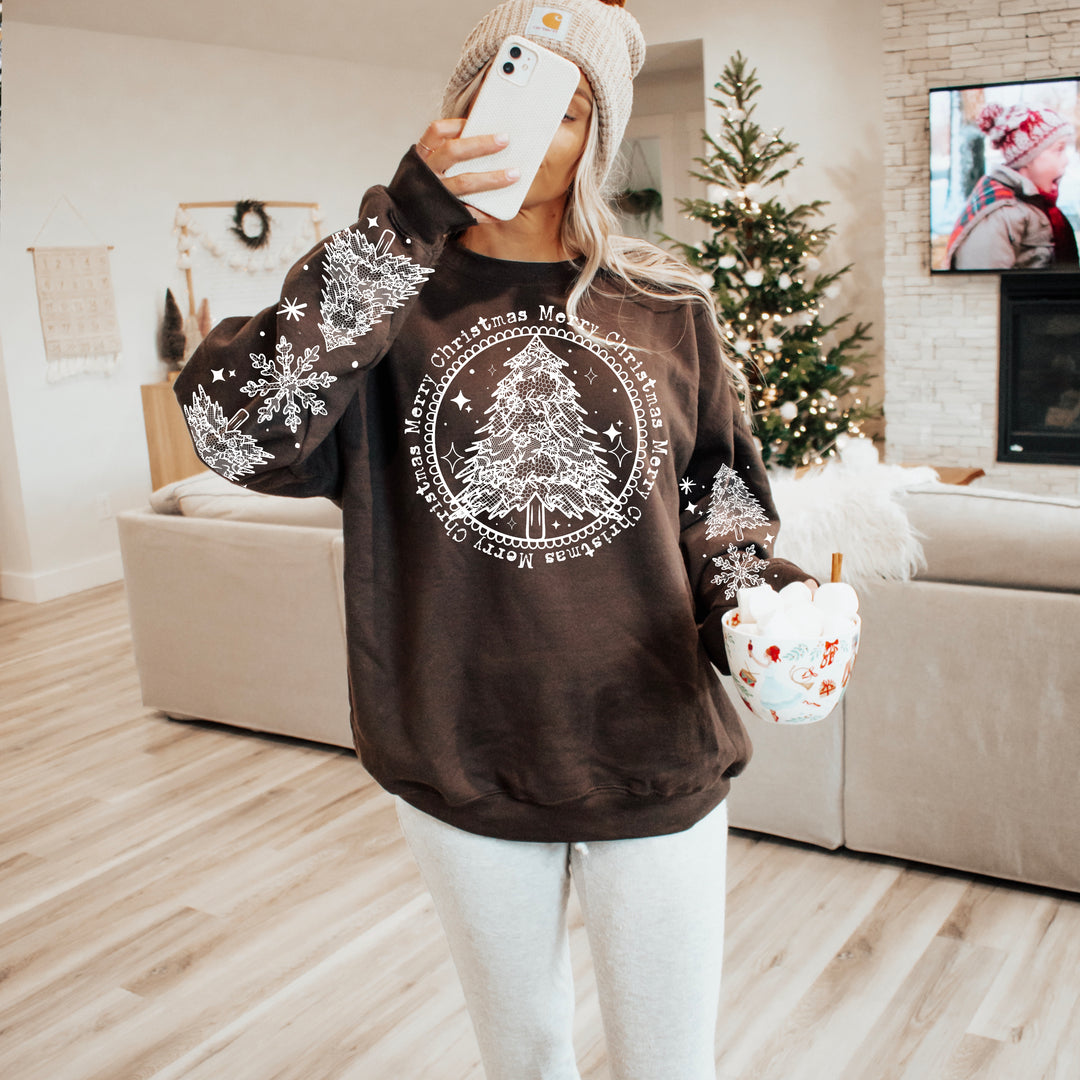 Merry Christmas Lace Tree Circle (White) front and sleeve DTF transfers – mockup