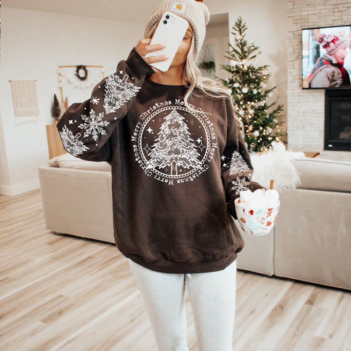 Merry Christmas Lace Tree Circle (White) front and sleeve DTF transfers – mockup