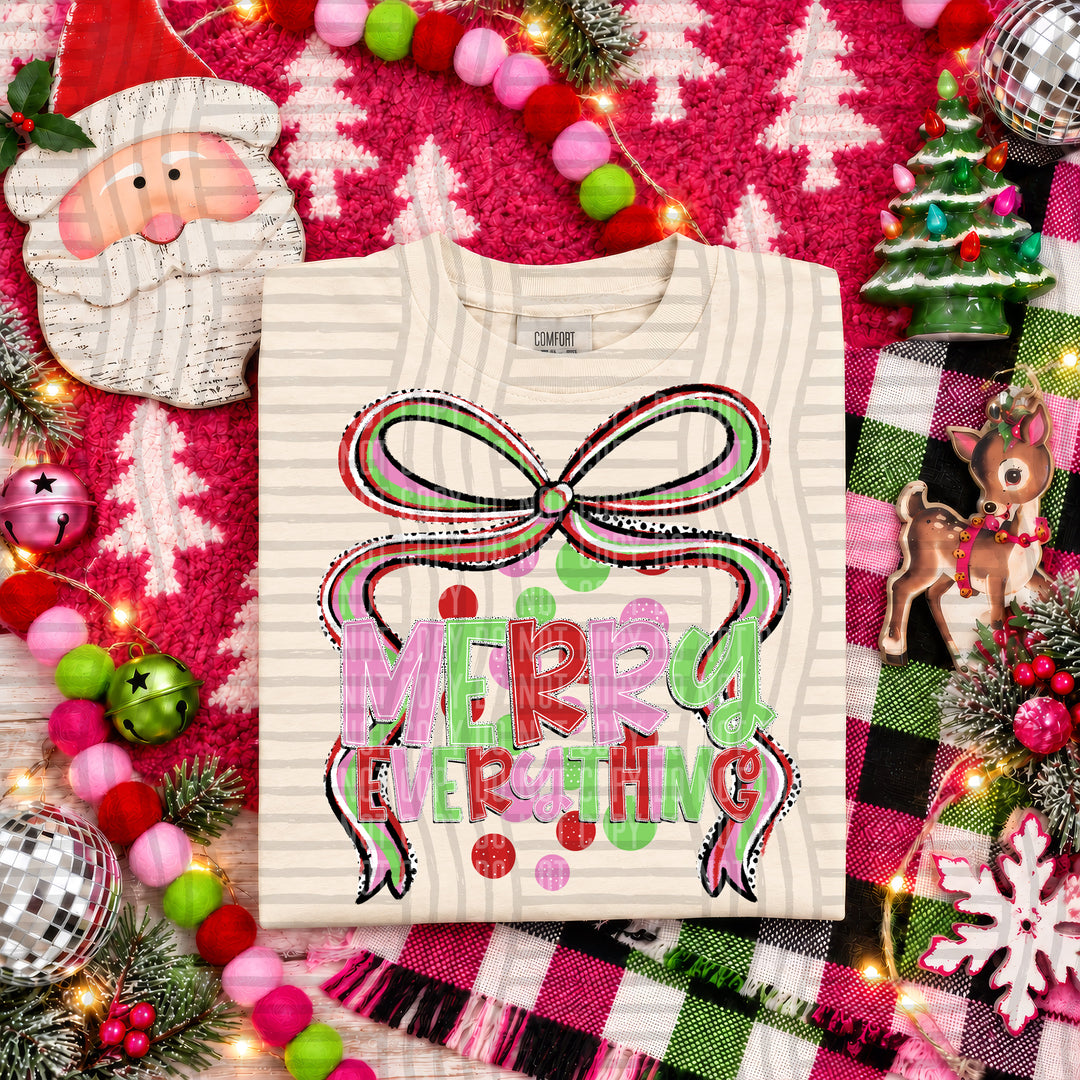 Merry Everything Christmas Bow DTF transfer pressed on a tee