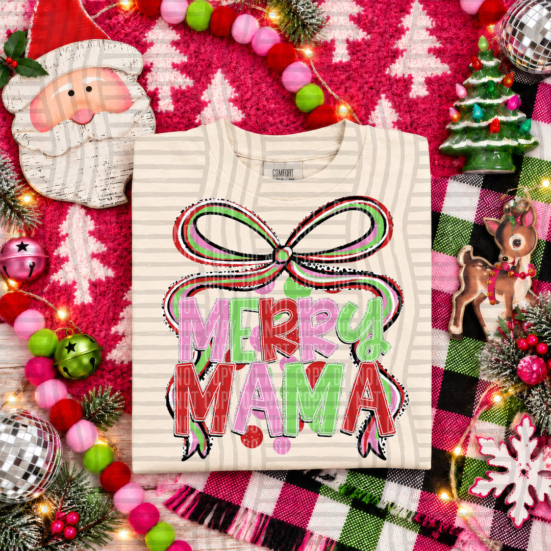 Merry Mama Christmas Bow DTF transfer pressed on a tee