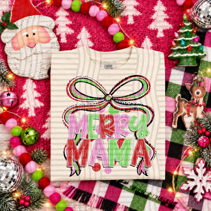 Merry Mama Christmas Bow DTF transfer pressed on a tee