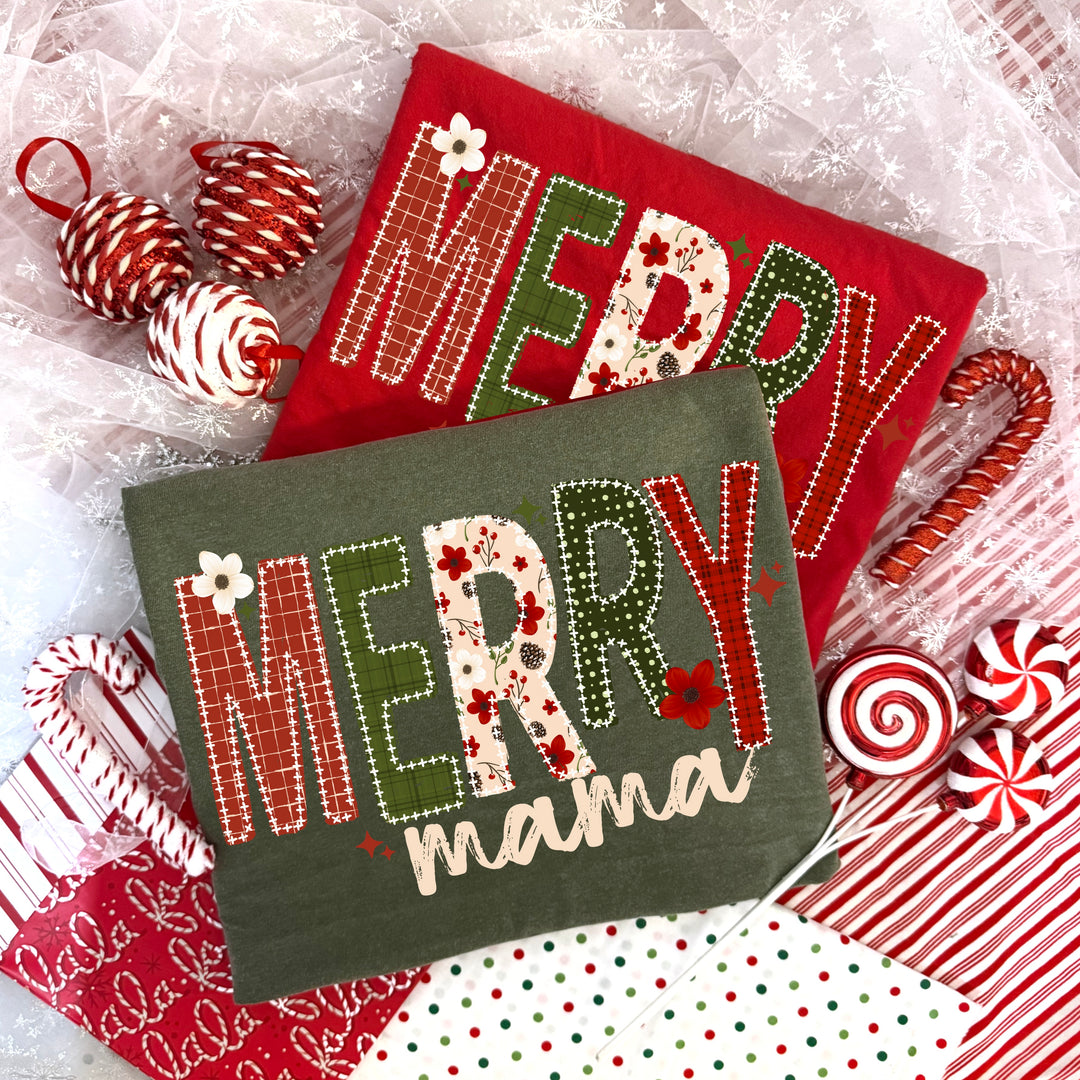 Merry Mama Red & Green Patchwork DTF transfer – mockup