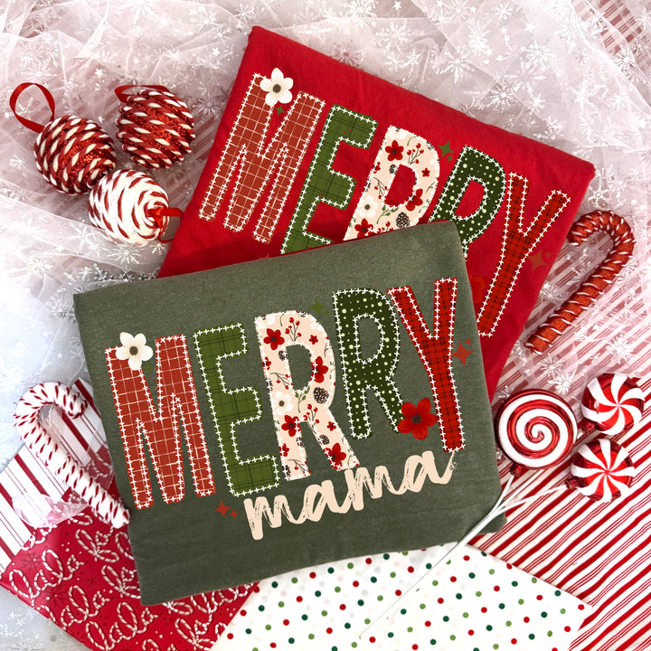 Merry Mama Red & Green Patchwork DTF transfer – mockup
