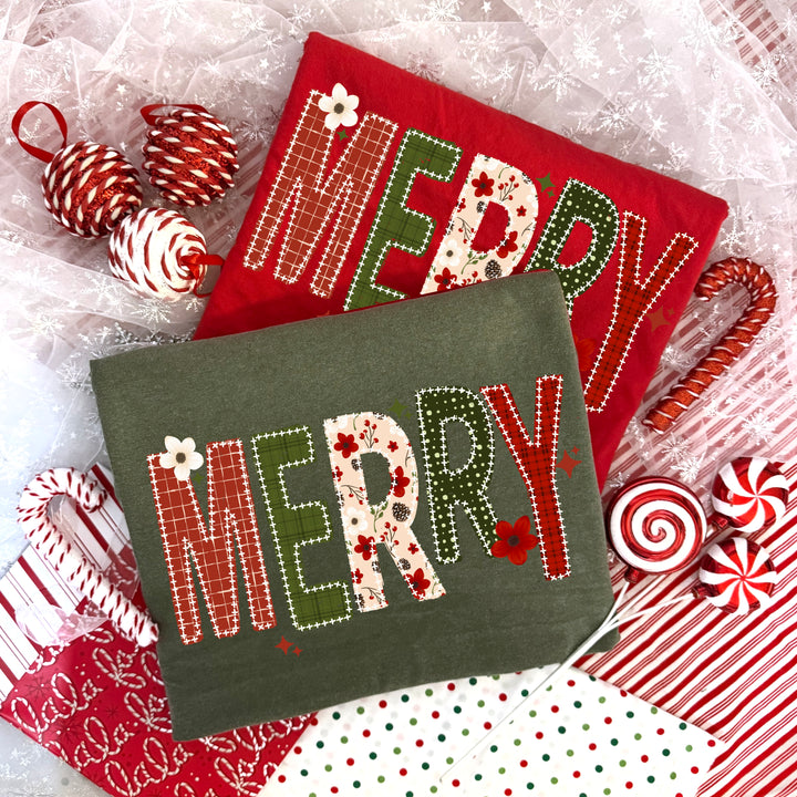 Merry Red & Green Patchwork Letters DTF transfer – mockup