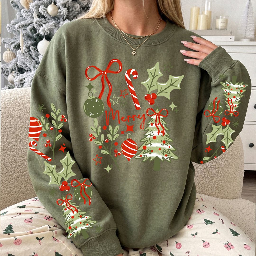 Merry Tree & Holly front and sleeve DTF transfers – mockup