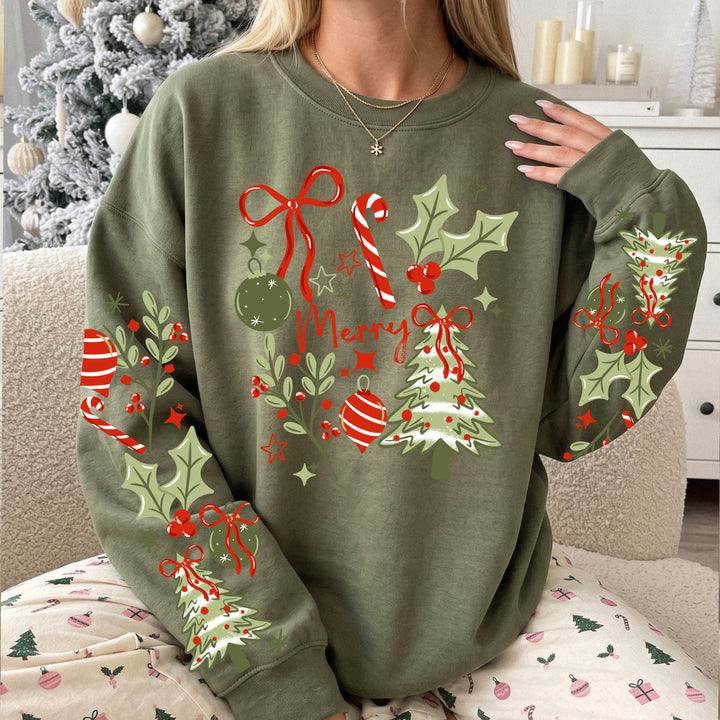 Merry Tree & Holly front and sleeve DTF transfers – mockup