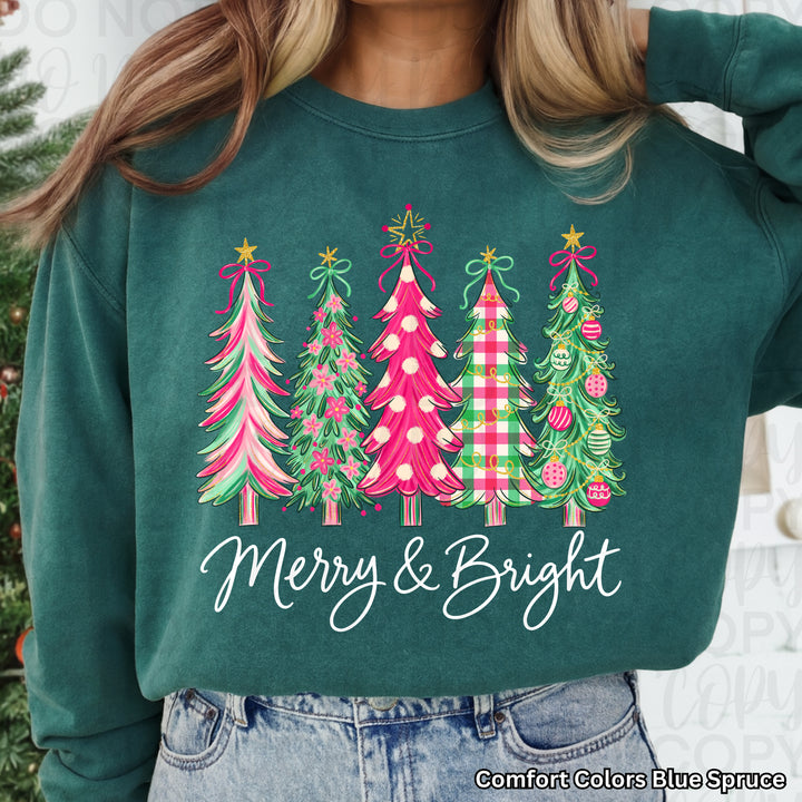Merry and Bright Christmas Trees Christmas design on a finished tee or sweatshirt – Lovie T Designs