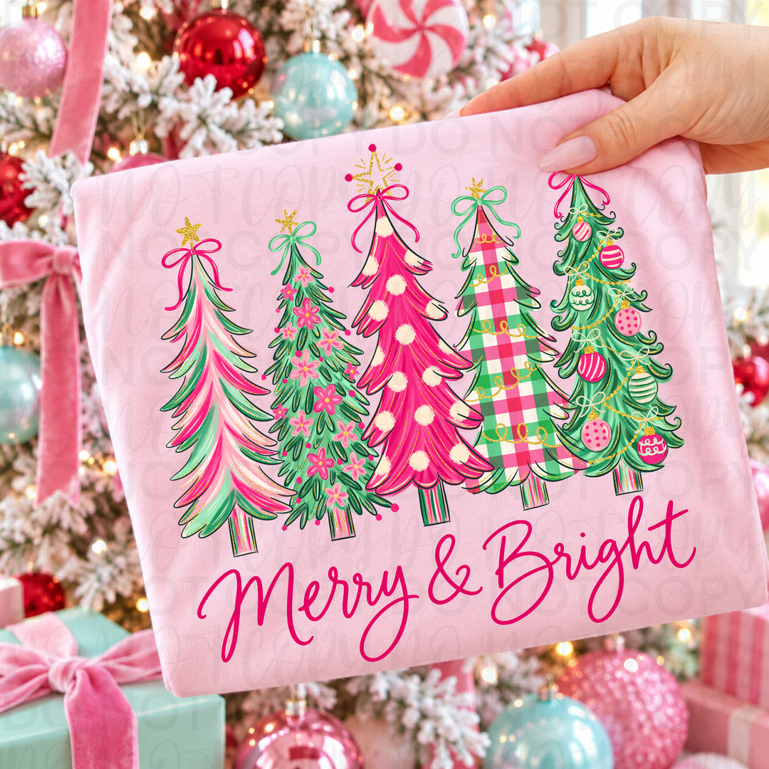 Merry and Bright Christmas Trees DTF transfer mockup 2