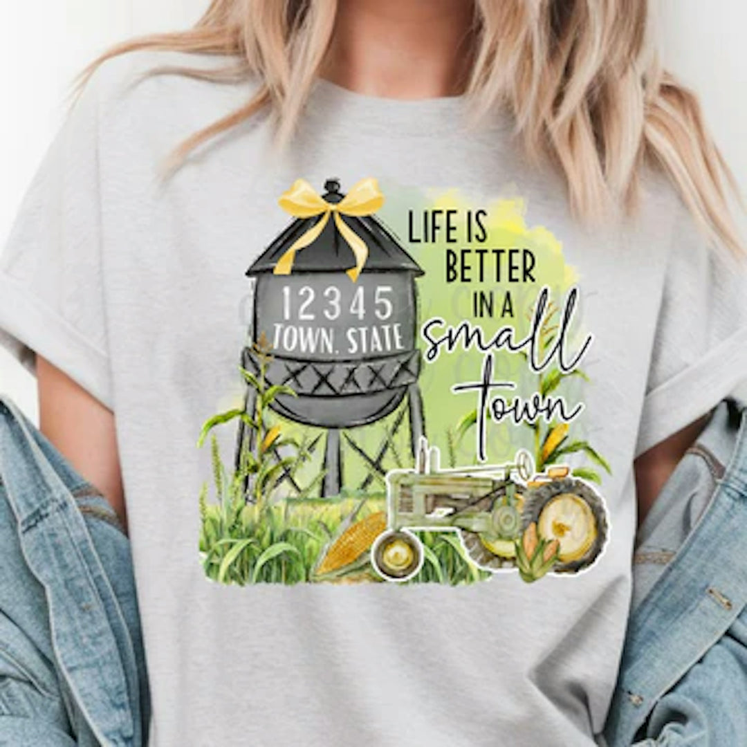 Life is Better in a Small Town Green Tractor customizable DTF transfer