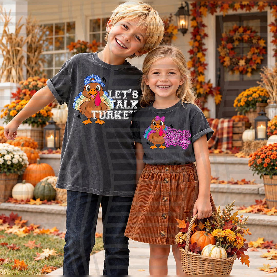 Boy and Girl matching shirts Let's Talk Turkey DTF transfer