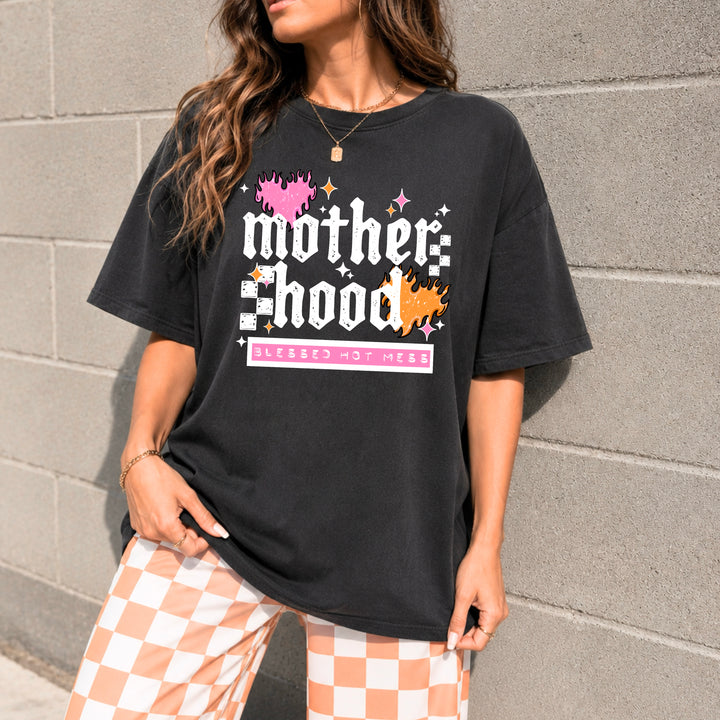 Motherhood Blessed Hot Mess (White) DTF transfer – mockup