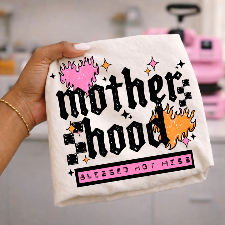 Motherhood Blessed Hot Mess (Black) DTF transfer – mockup
