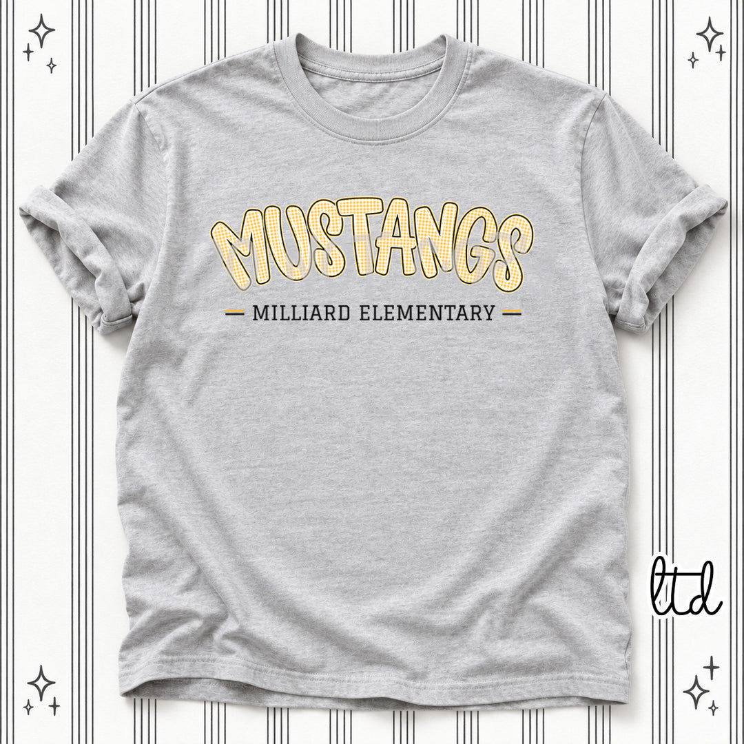 Mustangs Milliard Elementary Black Yellow Gold Gingham School Spirit DTF transfer