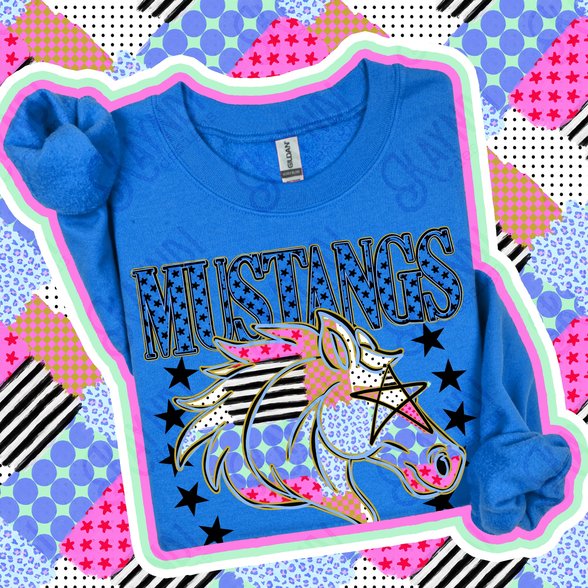 Patchwork Varsity Stars Mascots Mustangs design