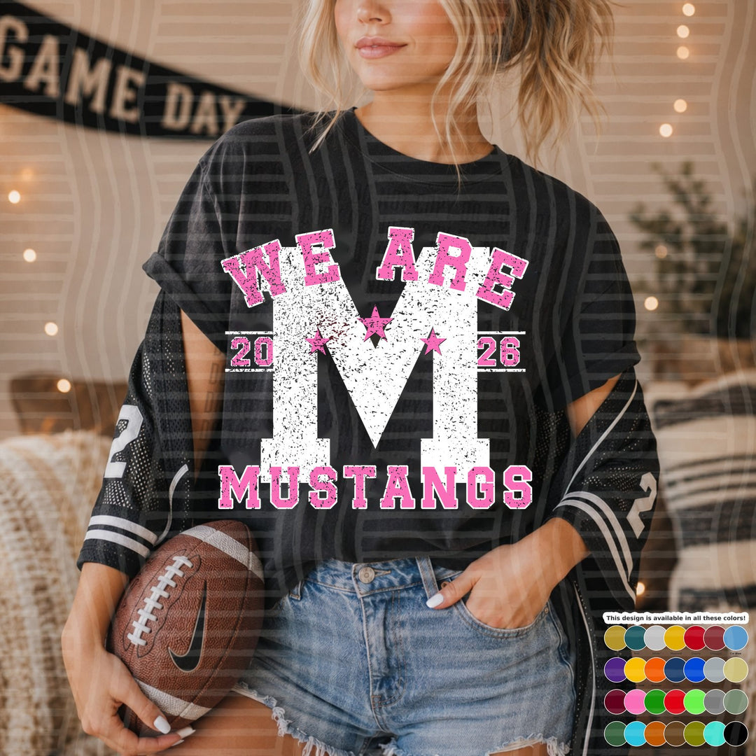 Mustangs Pink Varsity Initials White Outline DTF transfer mockup